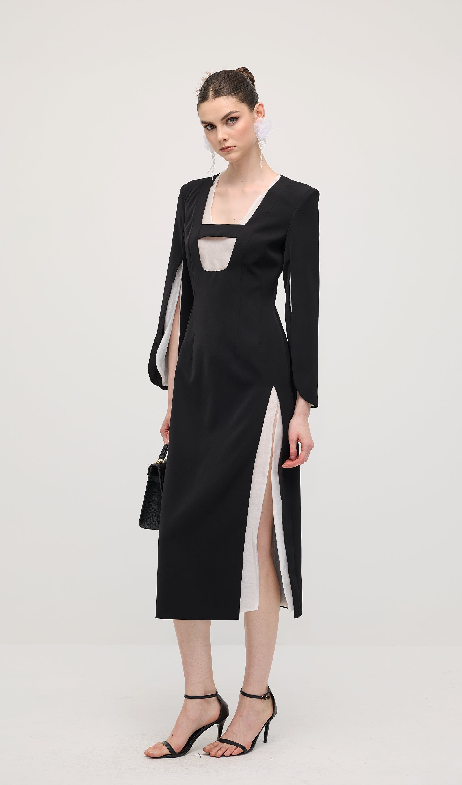 Slit Square Shoulder Midi Dress In Black
