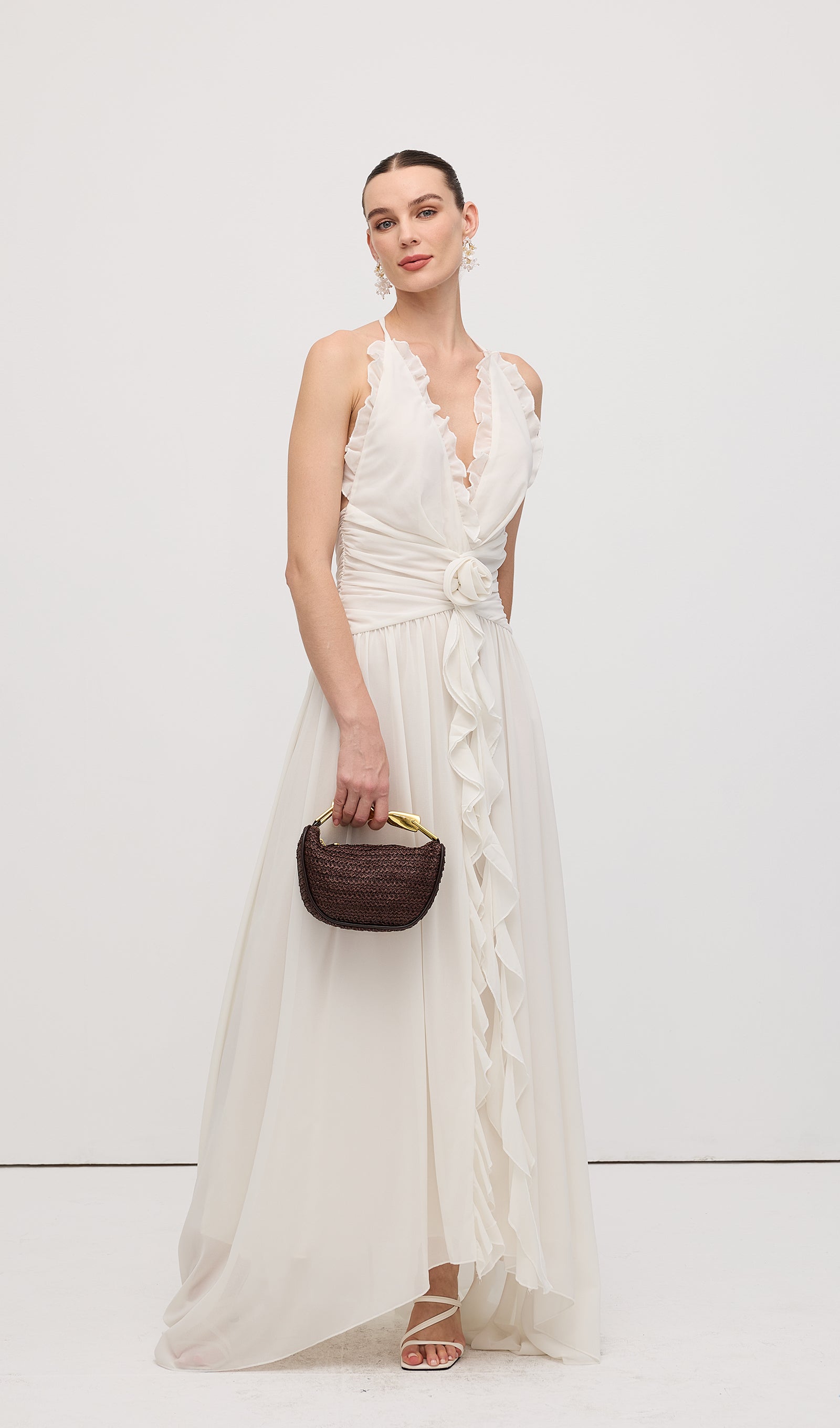 Halter Ruffles Rose Decoration Maxi Dress White