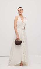 Halter Ruffles Rose Decoration Maxi Dress White