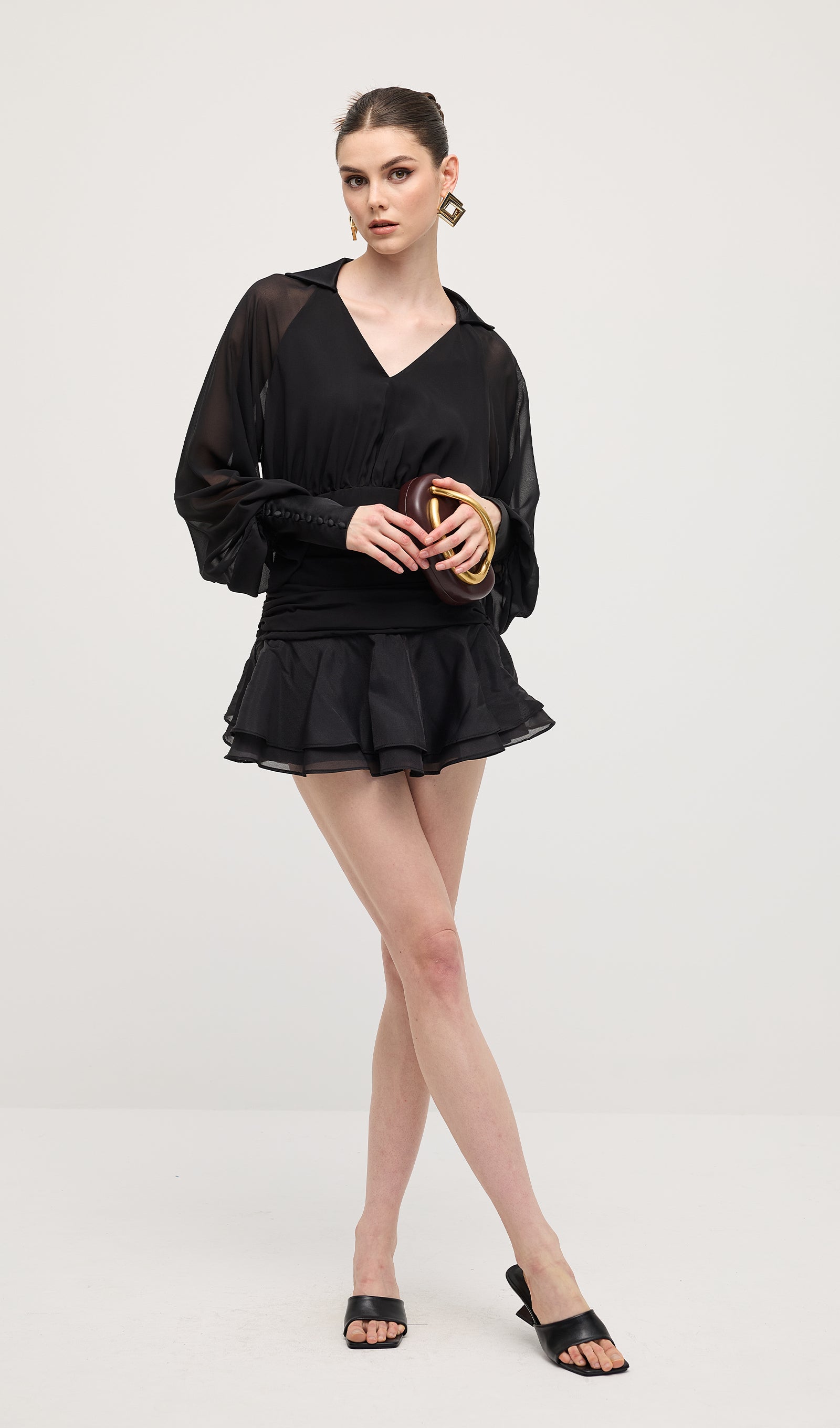 Solid Lantern Sleeve Mini Dress Black