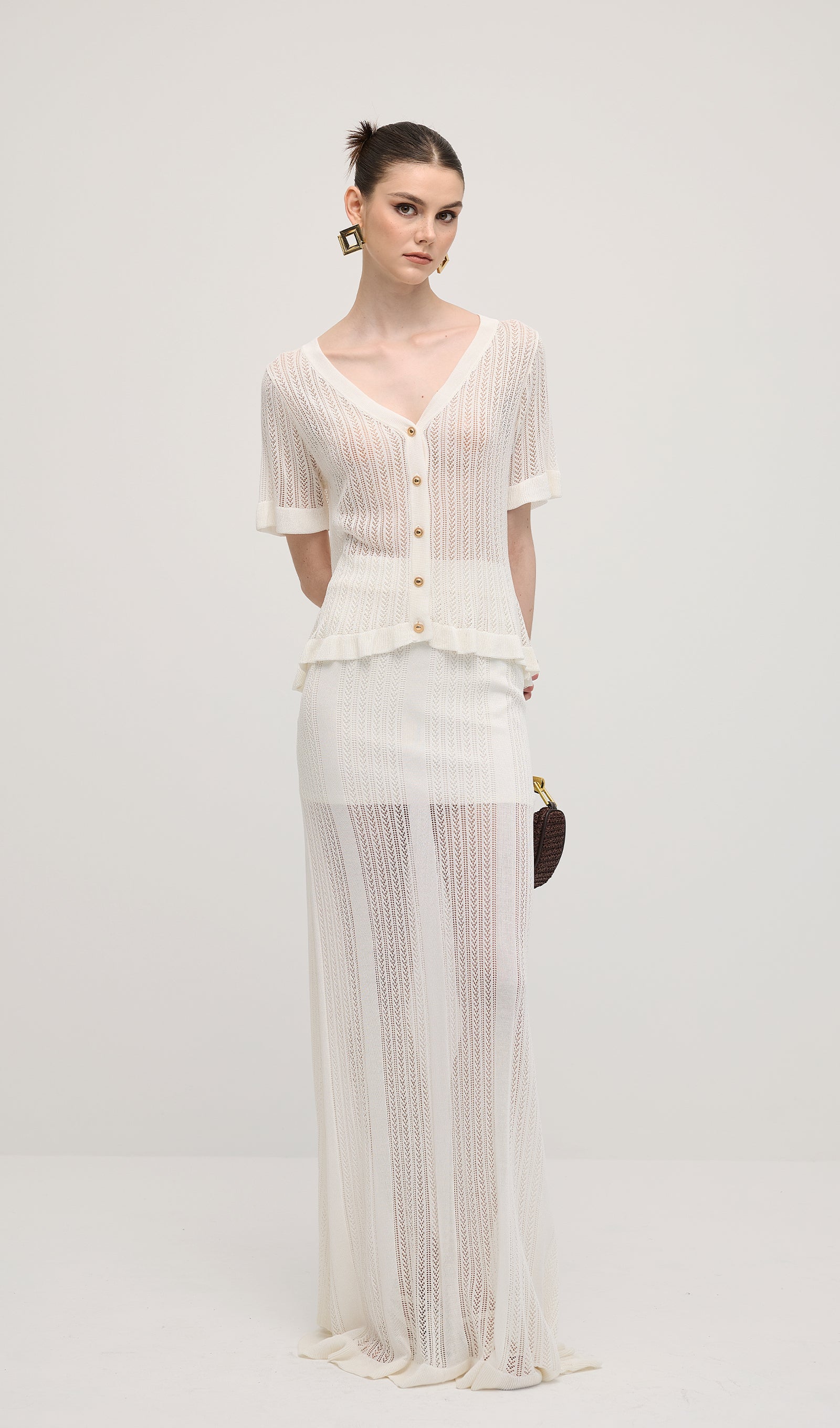 Openwork Jersey Maxi Skirt Sets In White