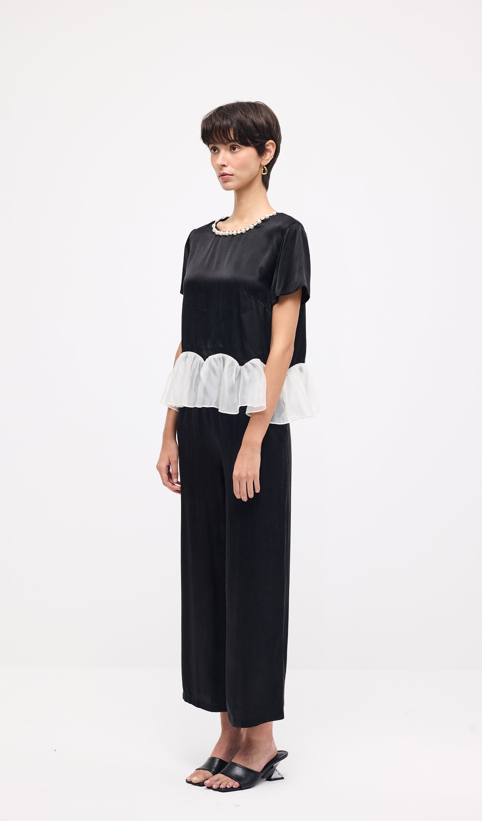 Short Sleeve Top & Maxi Pants Set In Black