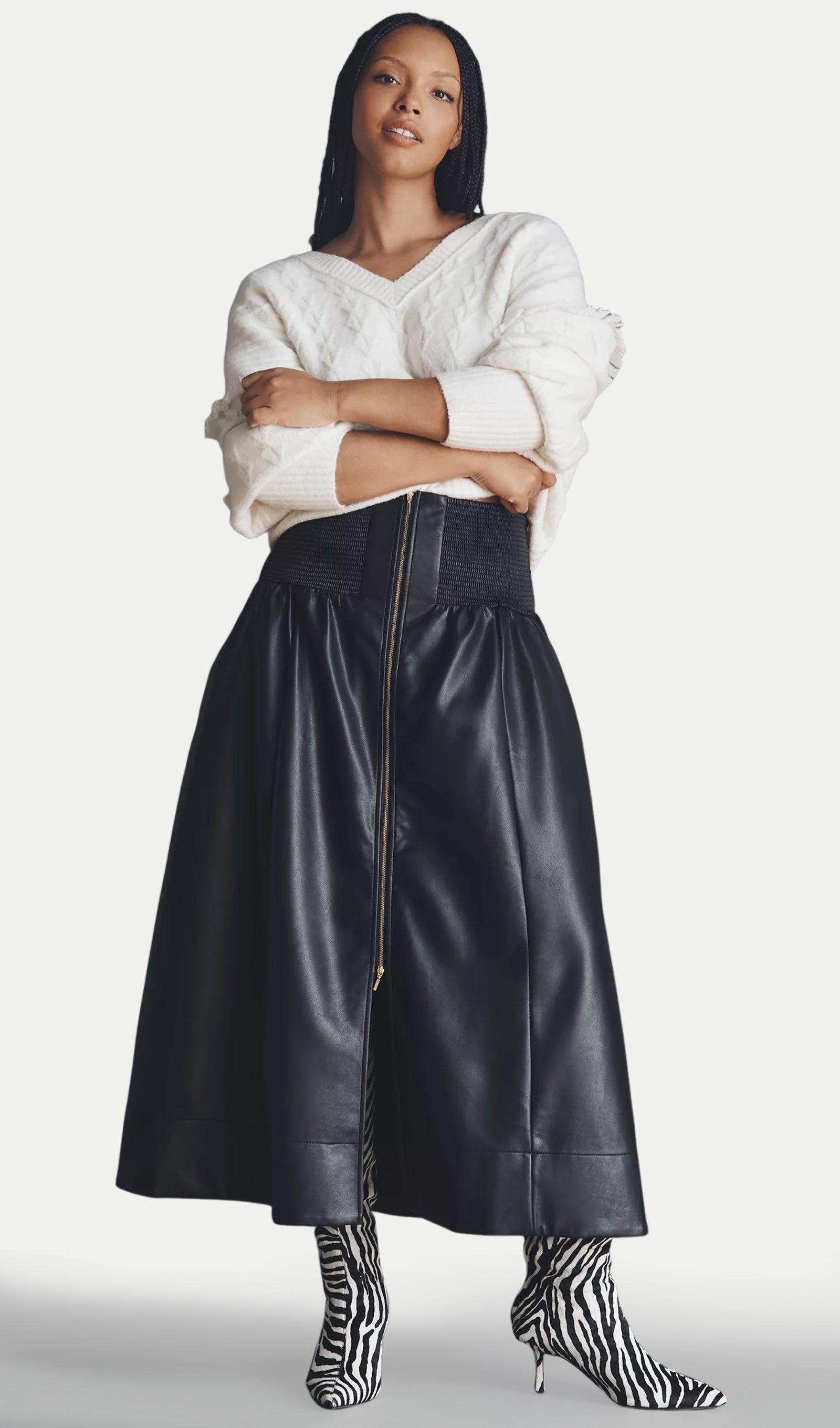 Faux Leather Zip-Front Midi Skirt