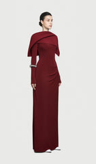 Asymmetrical Draped Shoulder Pleat Maxi Dress Red