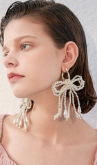 Pearl Bow Dangle Drop Hoop Earrings