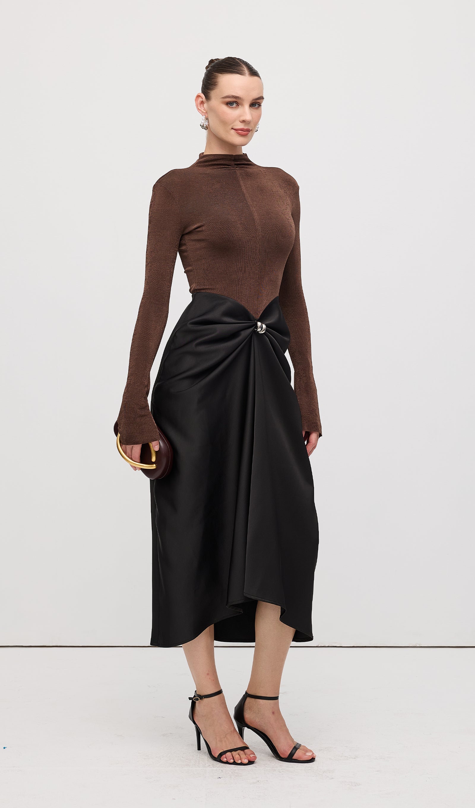 Asymmetrical Pleat Maxi Dress Brown