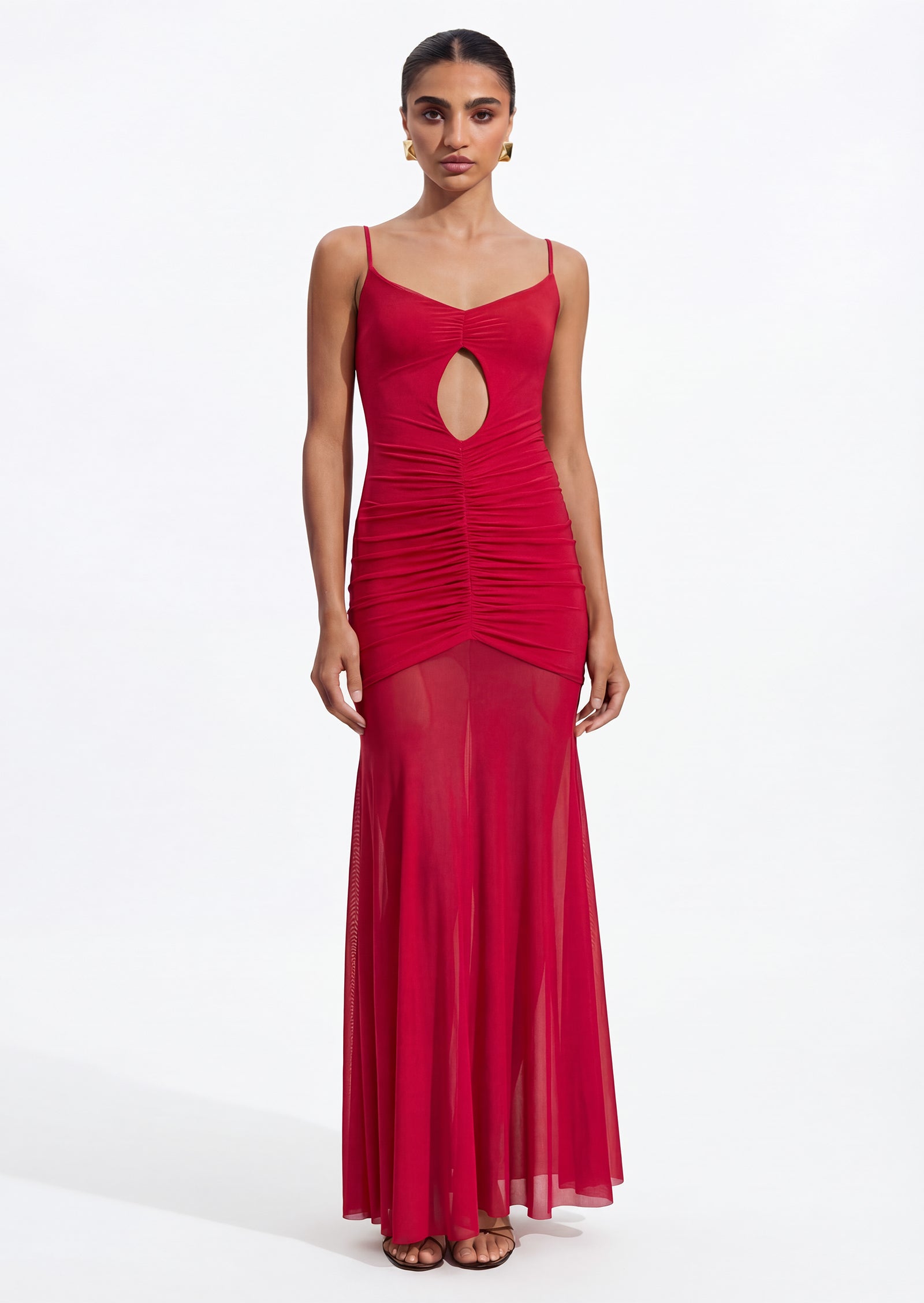 Slinky And Mesh Maxi Dress In Red