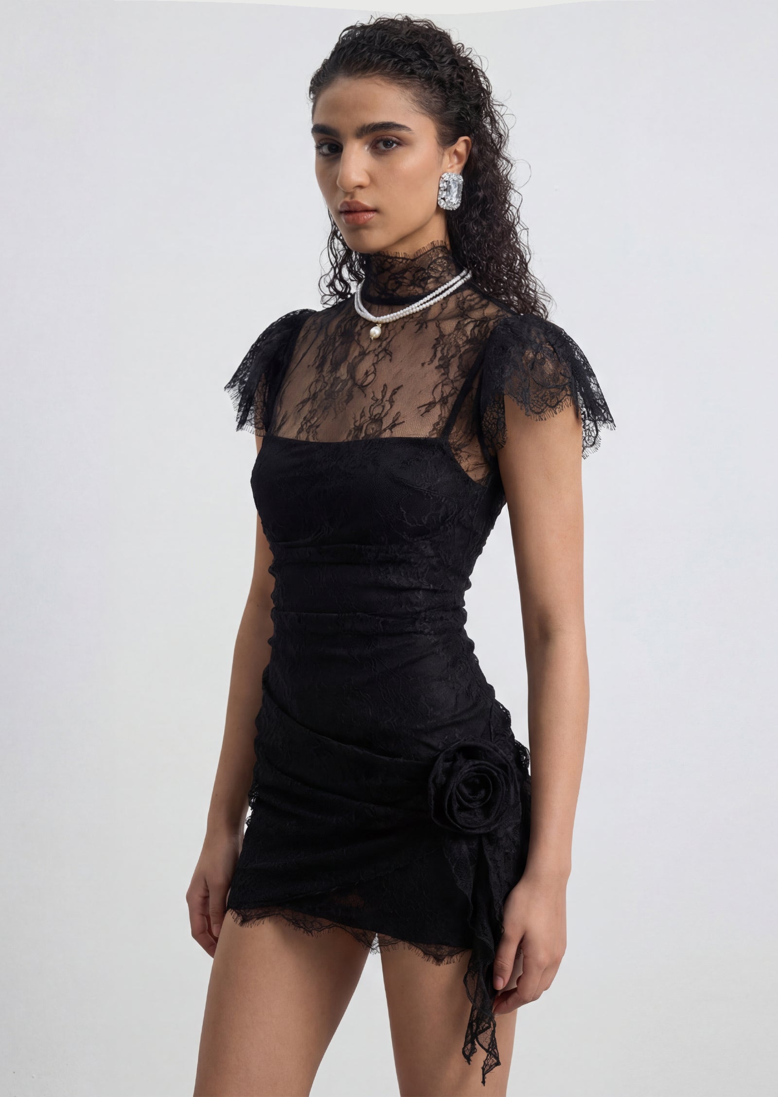 Ruched Mini Dress In Black Lace