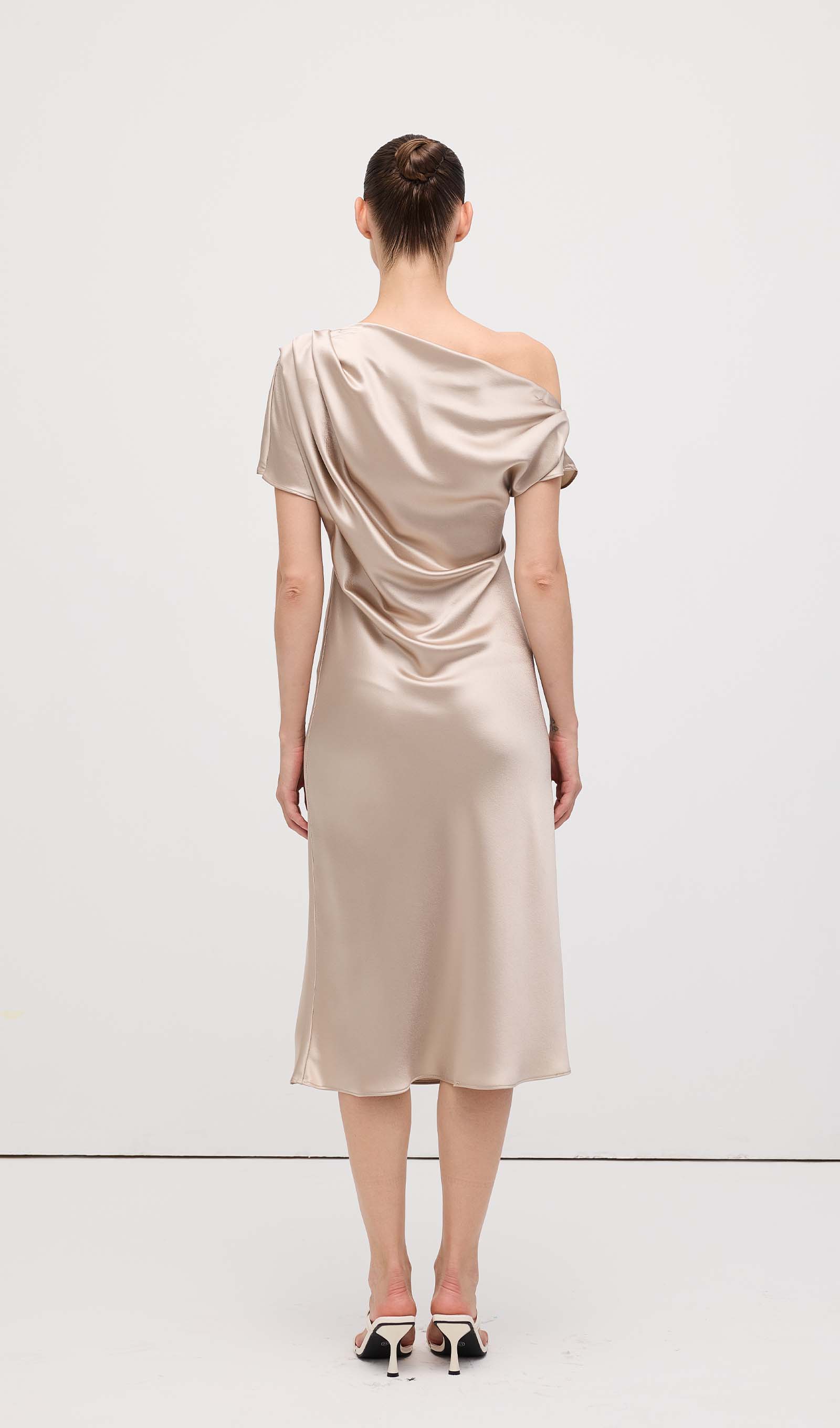 Asymmetric Satin Draped Midi Dress