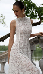 Guipure Midi Dress With High Collar