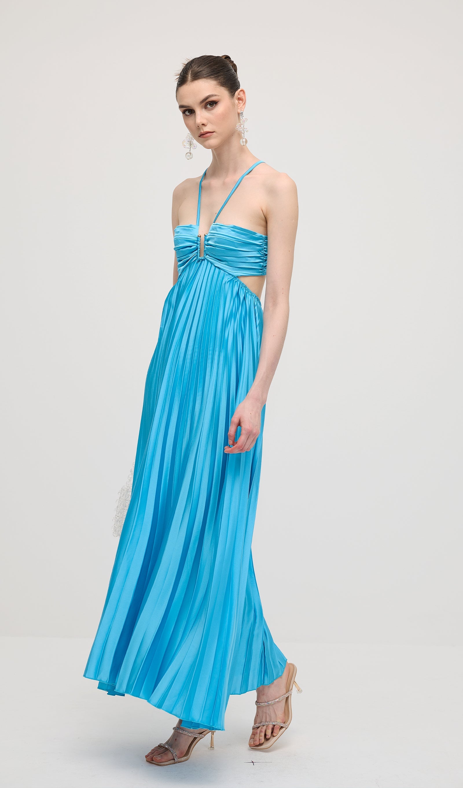 Solid Cut Out Tie Back Plisse Maxi Dress In Blue