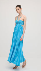 Solid Cut Out Tie Back Plisse Maxi Dress In Blue
