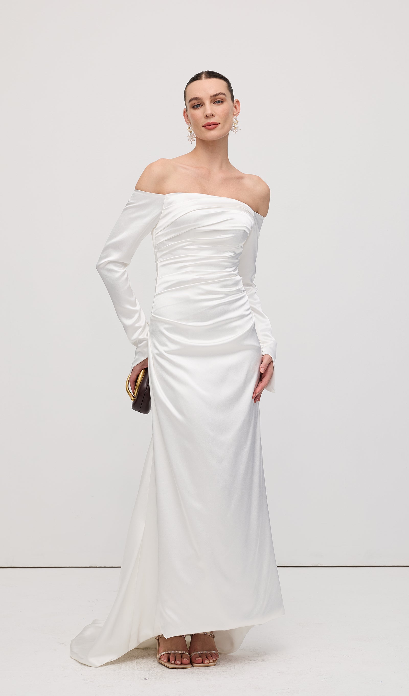 Satin Off Shoulder Ruched Maxi Dress