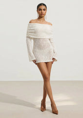 Off Shoulder Boucle Knit Mini Dress In Ivory