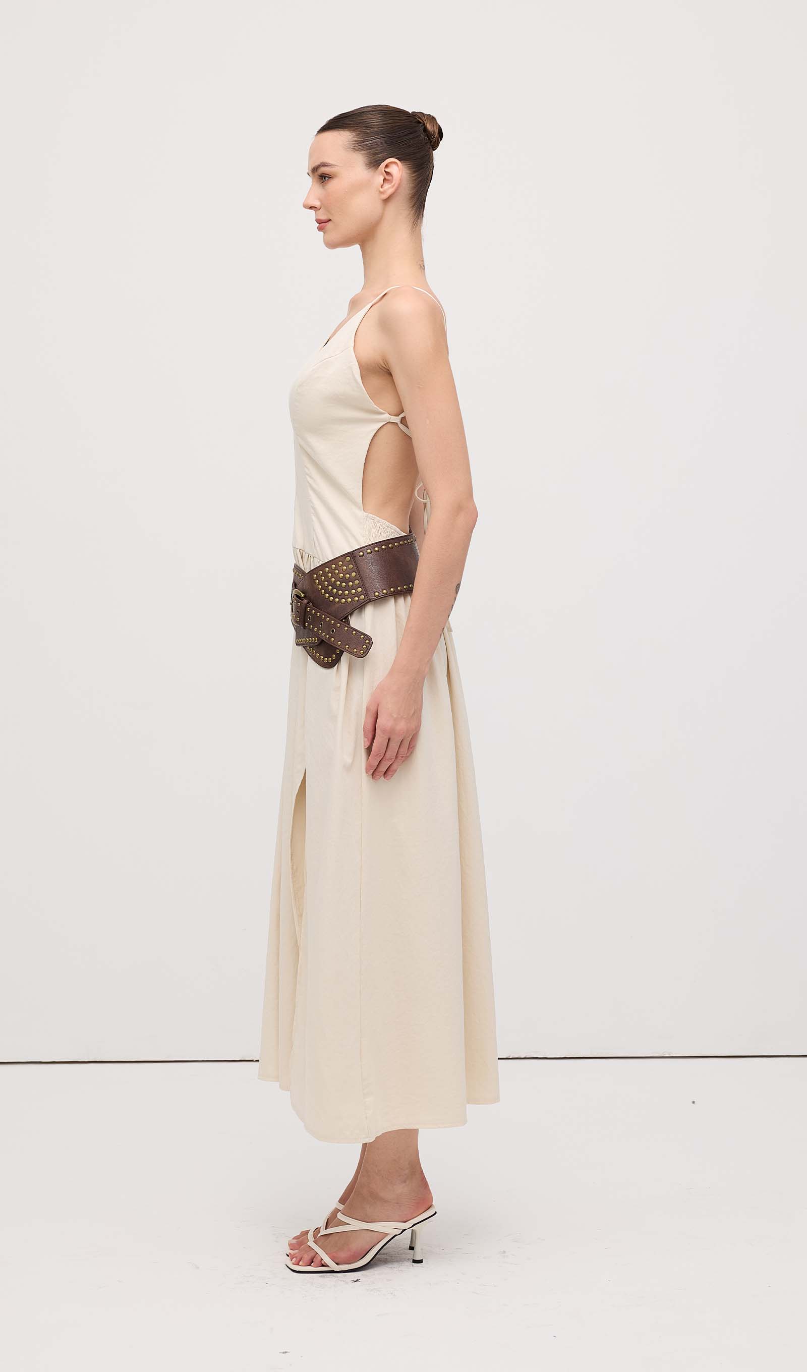 Slit Sleeveless Midi Dress With Belt