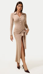 Jersey Button Lace-Up Midi Dress