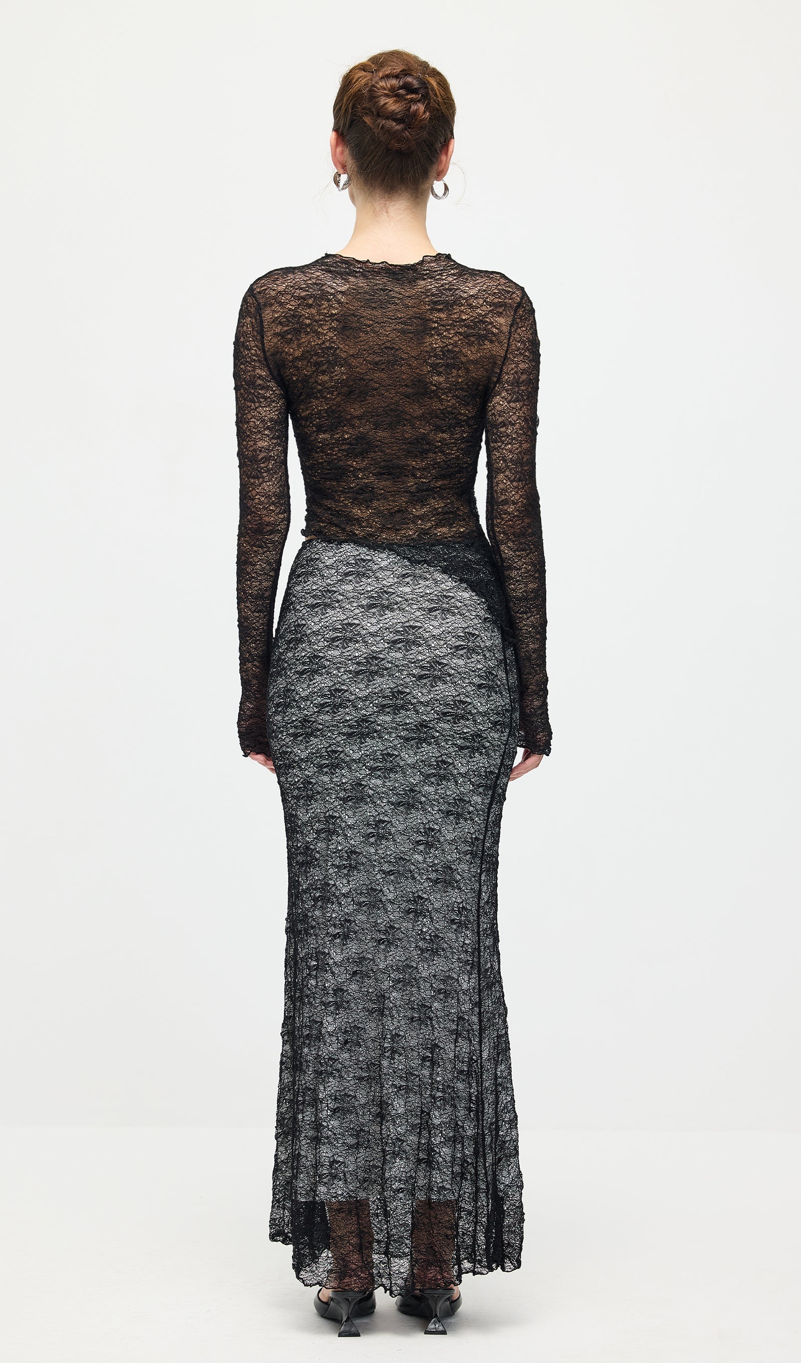 Sheer Lace Top & Maxi Skirt Sets In Black