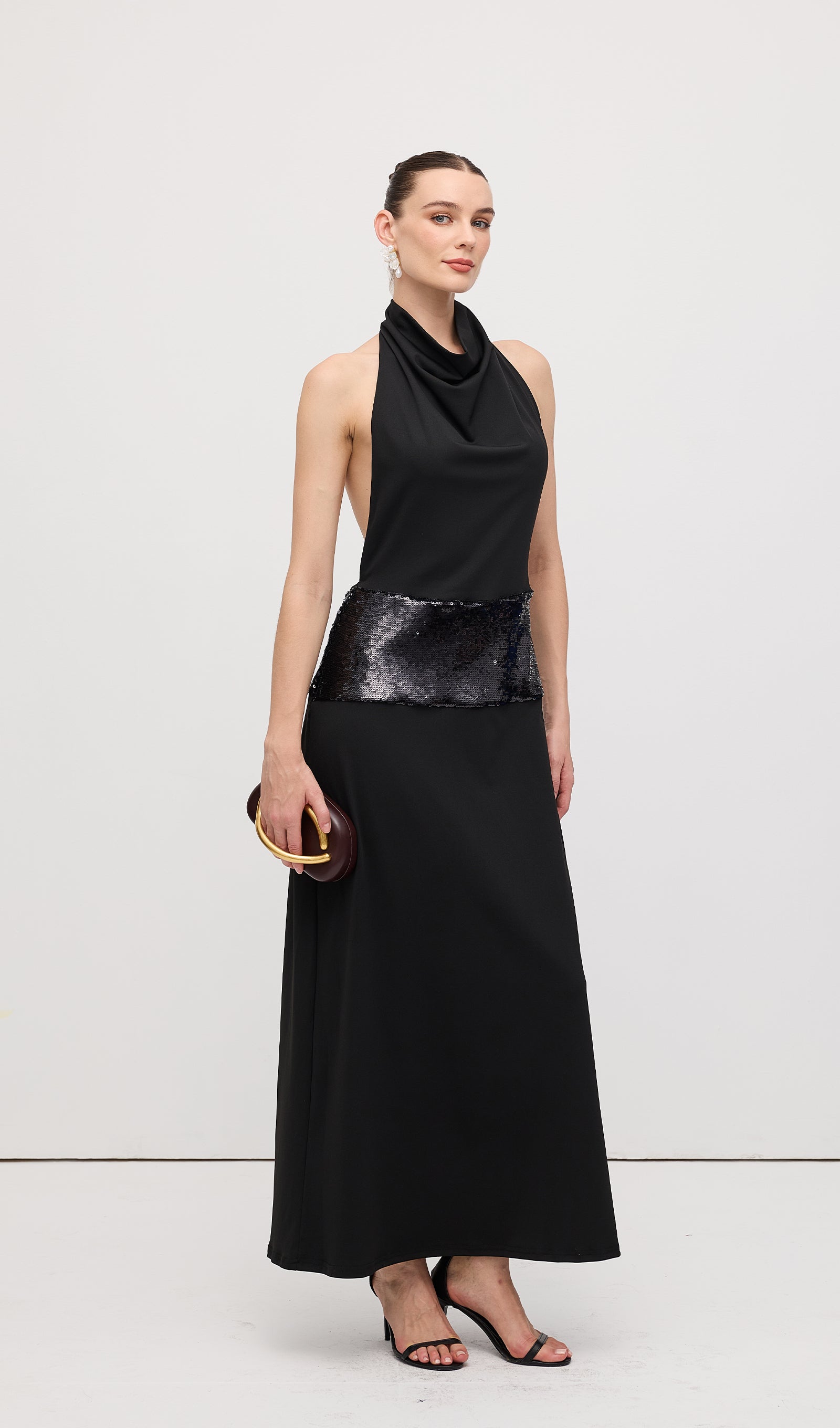 Draped Cowl Neck Open Back Maxi Dress