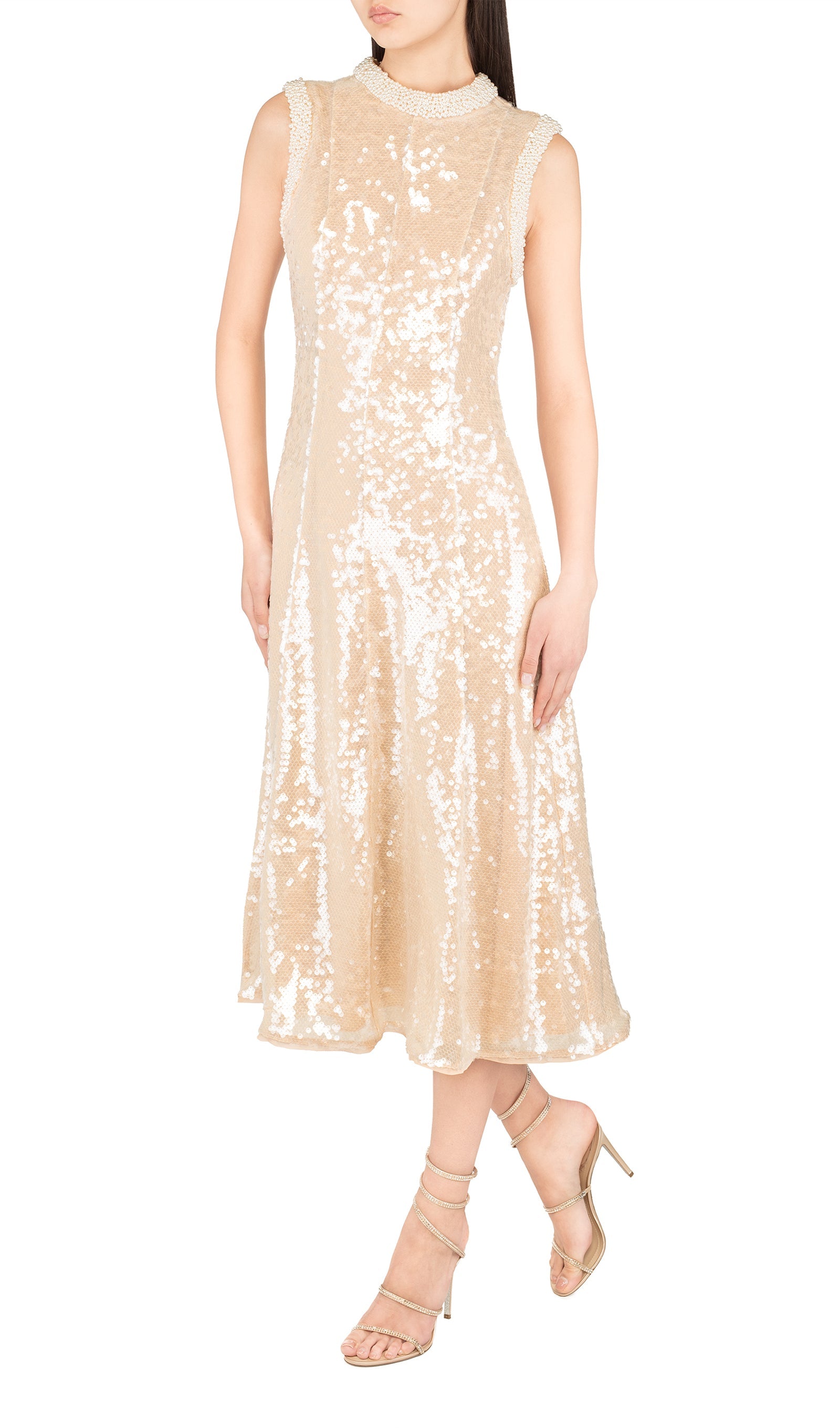 Sequin Embellished Pearl Trim Midi Dress
