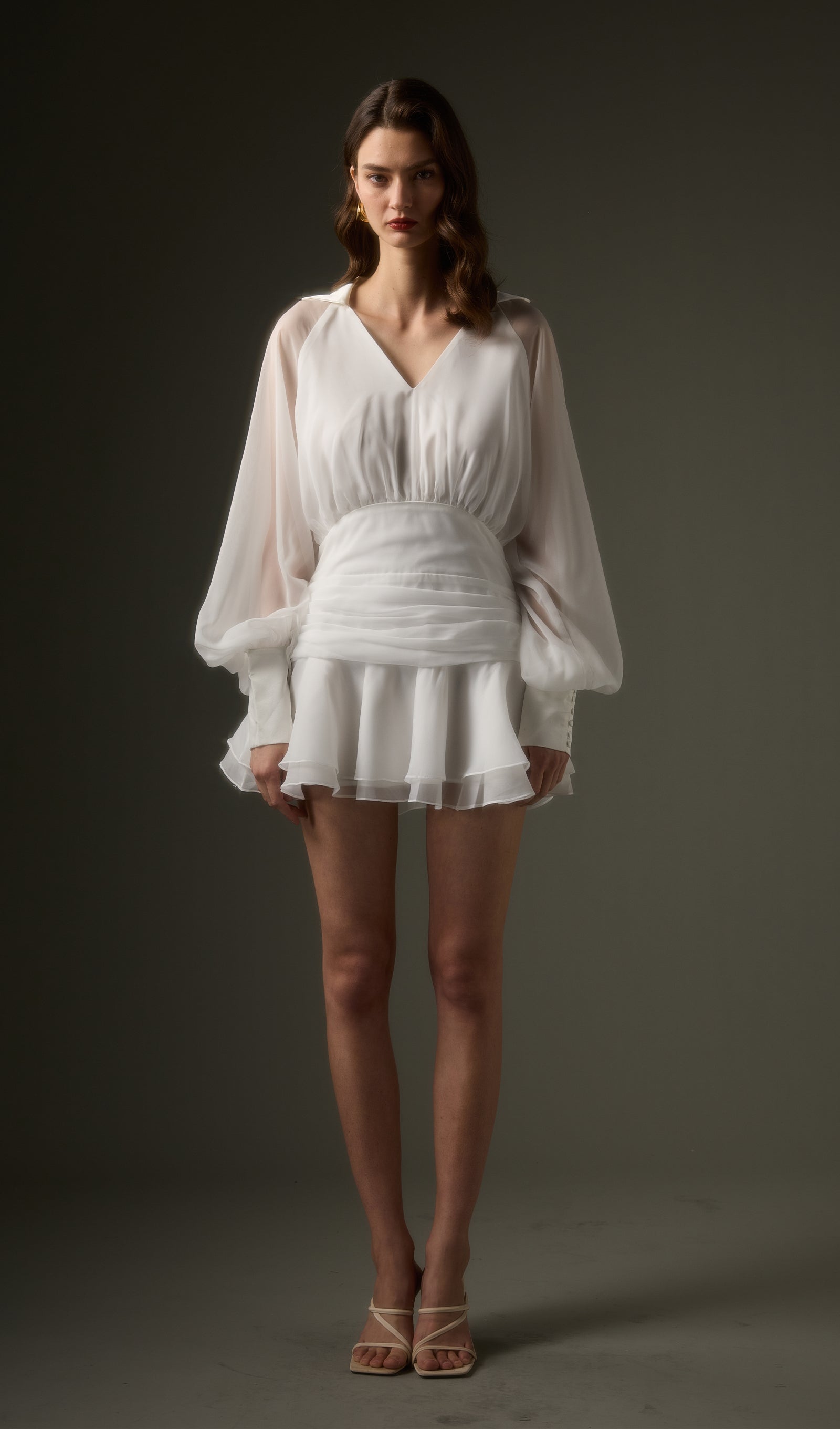 Solid Lantern Sleeve Mini Dress In White