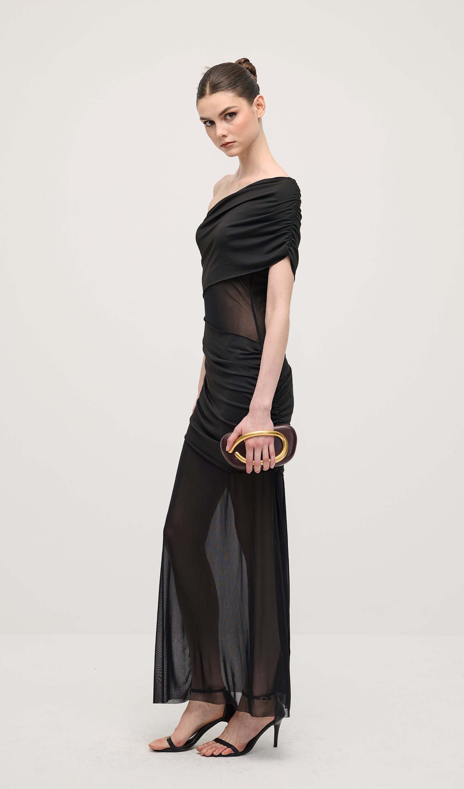 One Shoulder Mesh Maxi Dress In Black