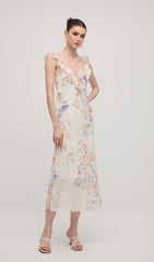 Floral V Neck Ruffled Midi Dress