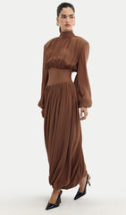 Long Sleeve Chiffon Midi Dress With Gathered