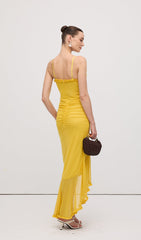 Mesh Ruffled Front Gown Maxi Dress Yellow