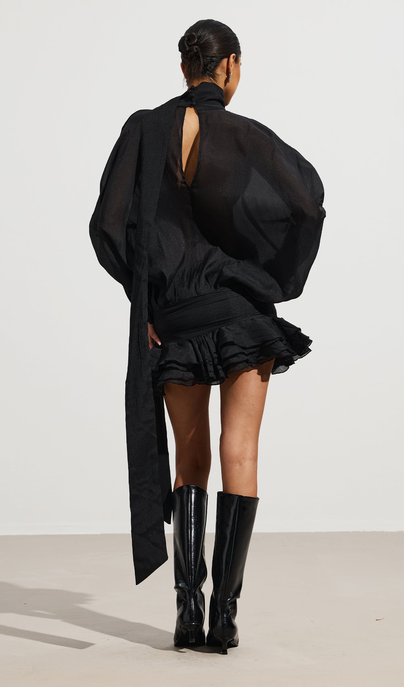 High Neck Tiered Mini Dress In Black