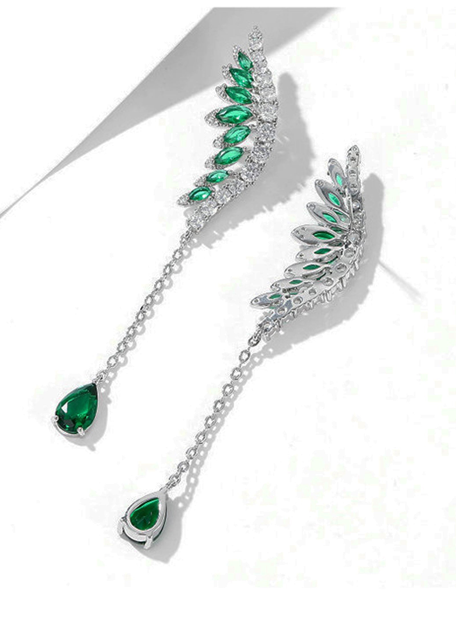 Green Crystal & Silvertone Wings Earrings