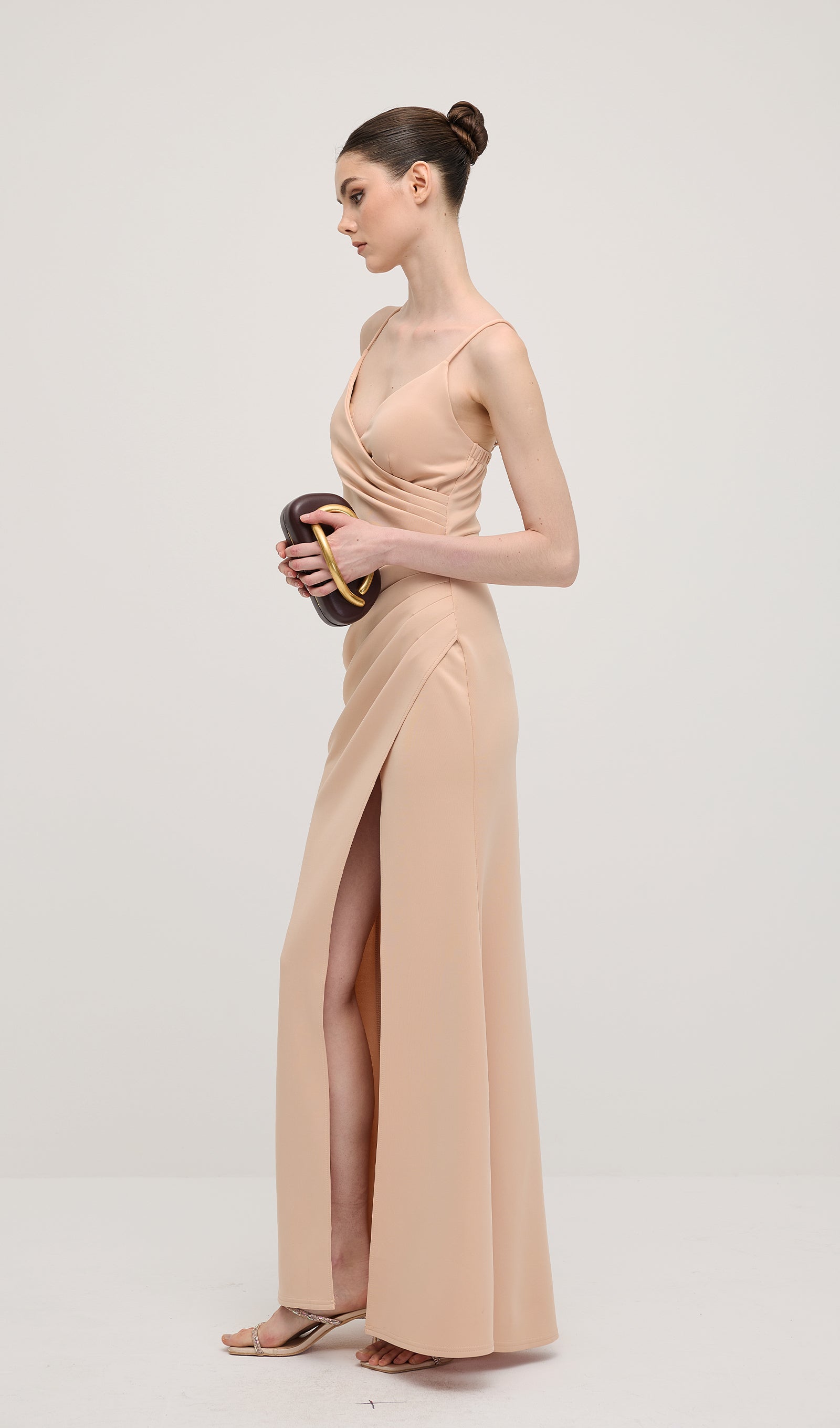V Neck Sleeveless Slit Maxi Dress In Apricot