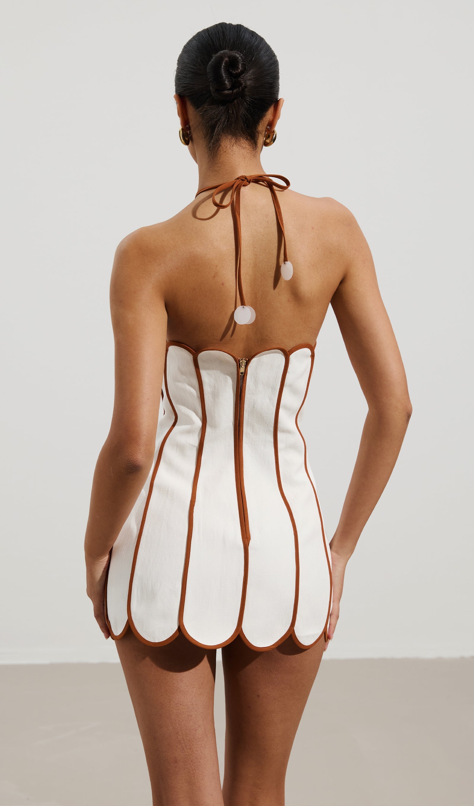 Solid Scalloped Linen Halter Mini Dress