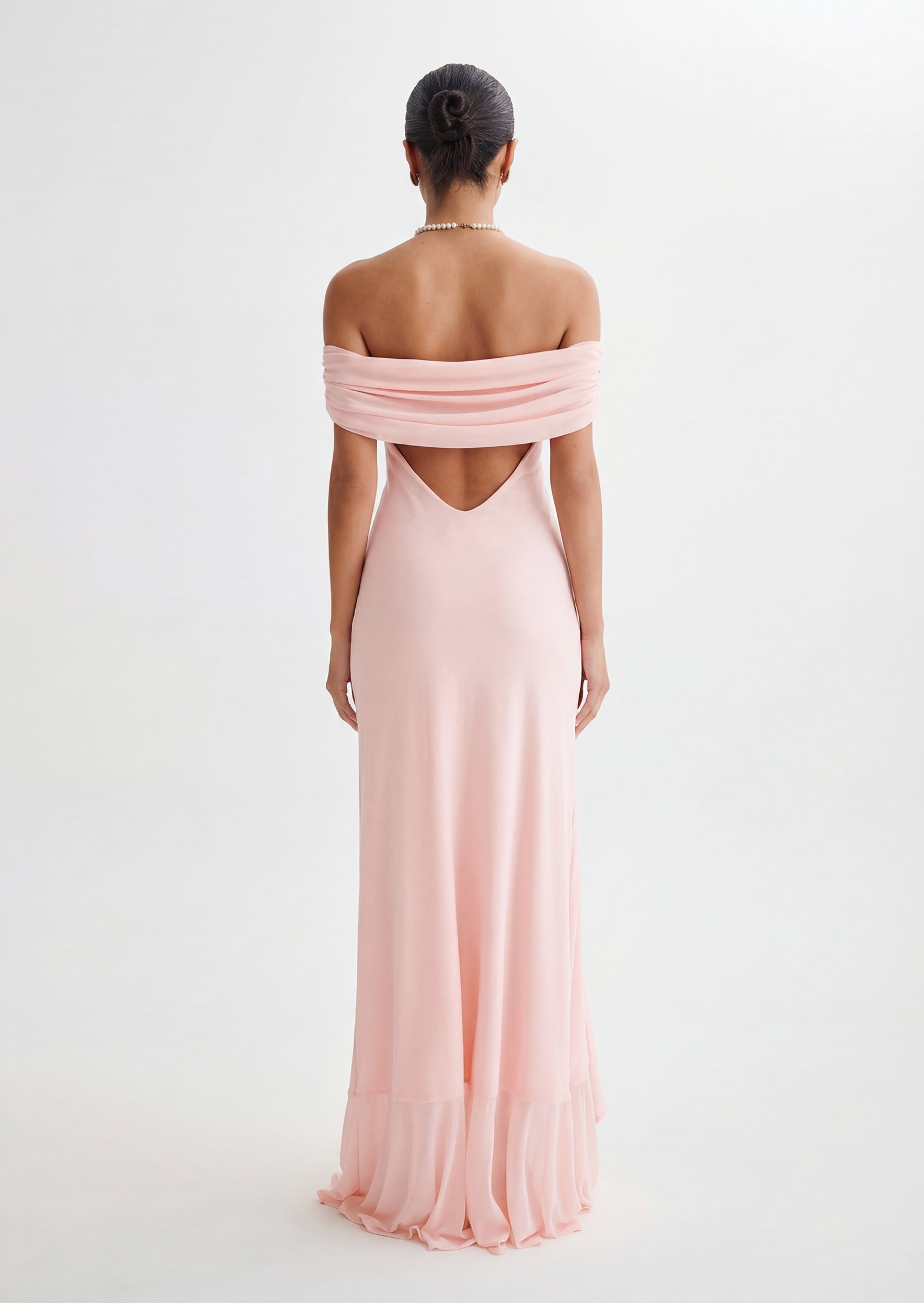 Off Shoulder Mesh Maxi Dress In Pale Pink