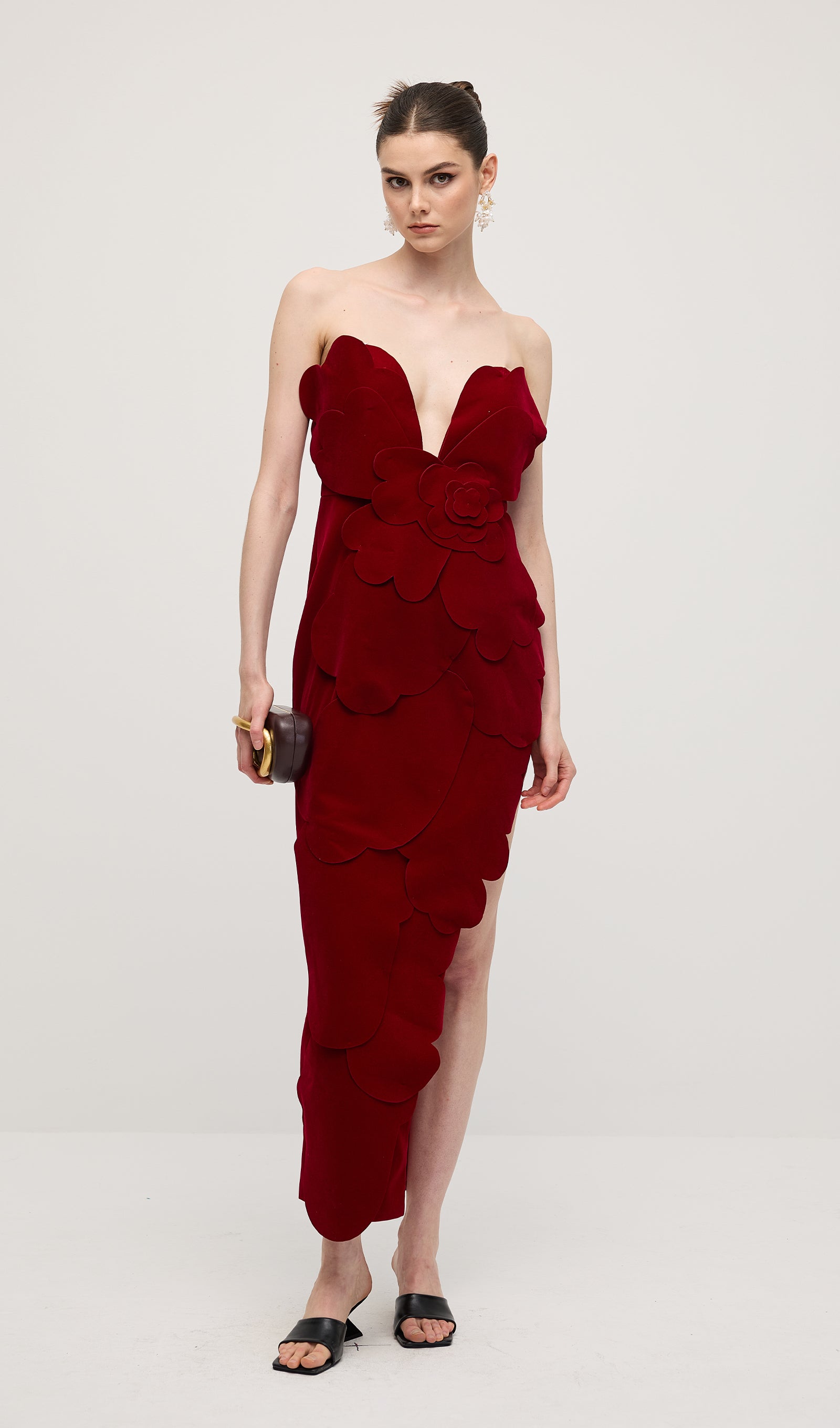 Petal Strapless Velvet Maxi Dress In Red