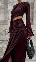 Long Sleeve Hollowed-Out Pleated Midi Dress