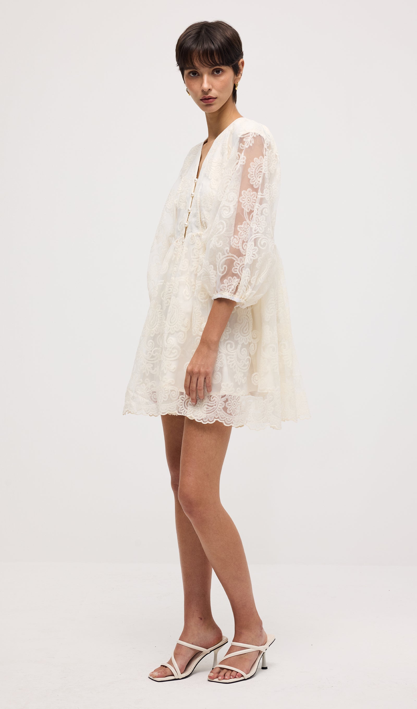 V Neck Embroidery Lace Mini Dress
