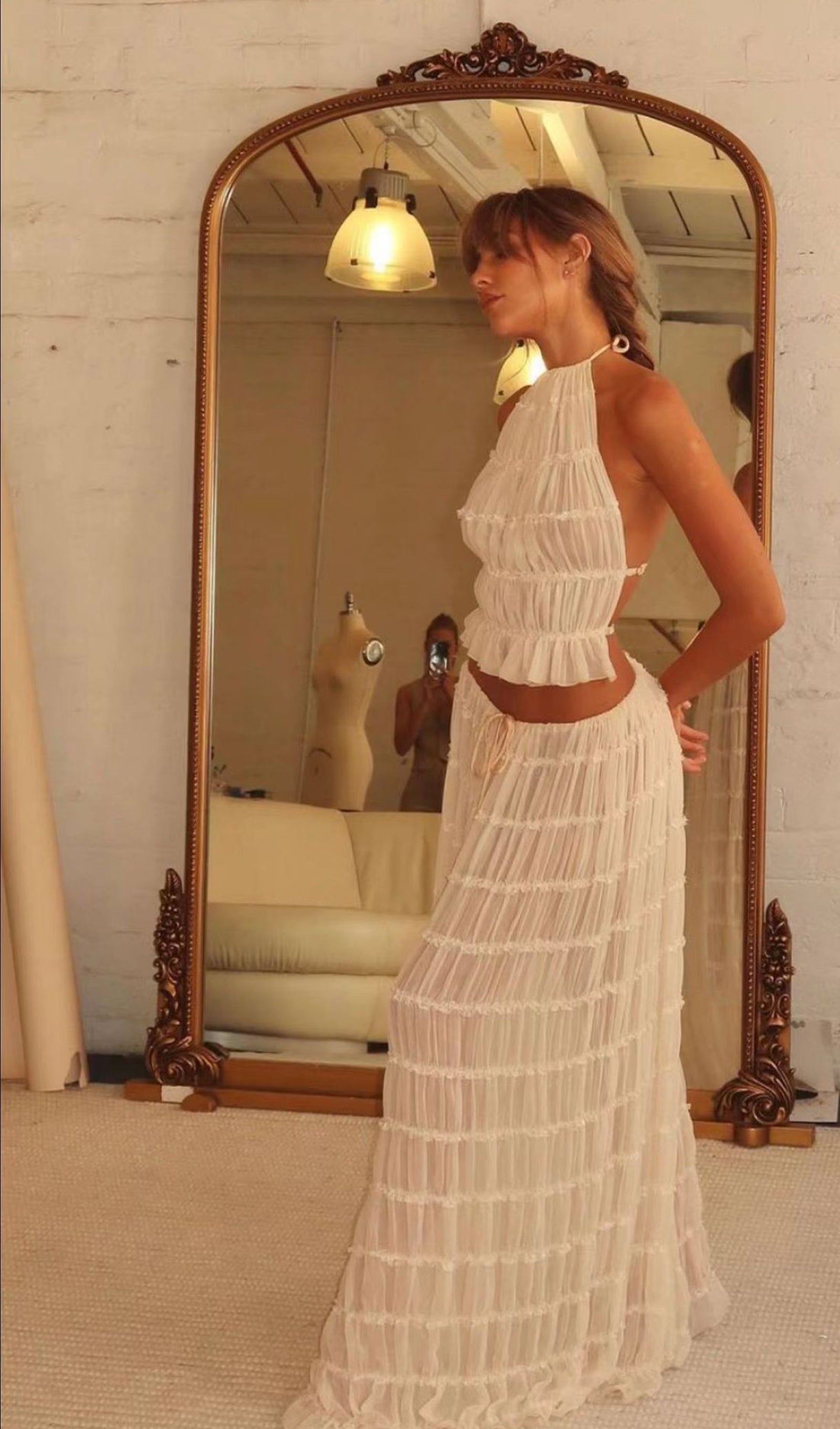 Halter Top & Ruched Detail Maxi Skirt Sets