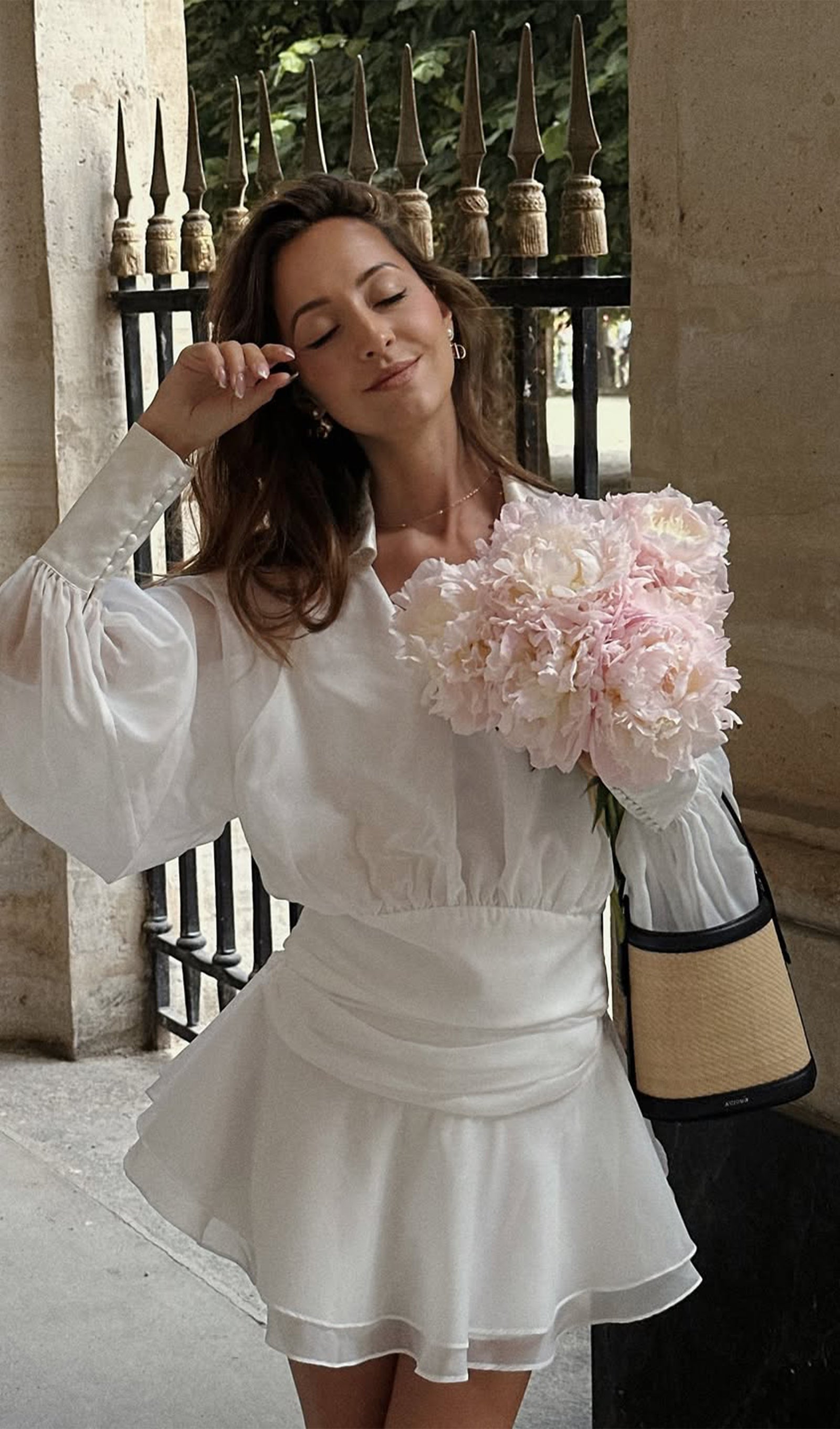 Solid Lantern Sleeve Mini Dress In White