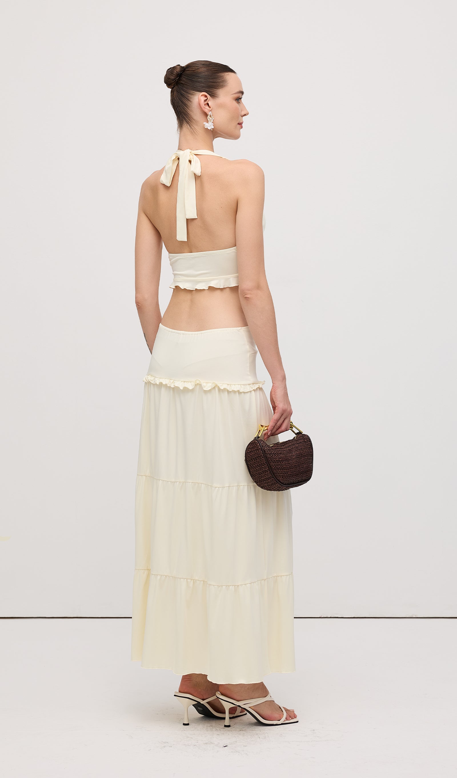 Halter Top & Twist Ruffled Maxi Skirt Sets White