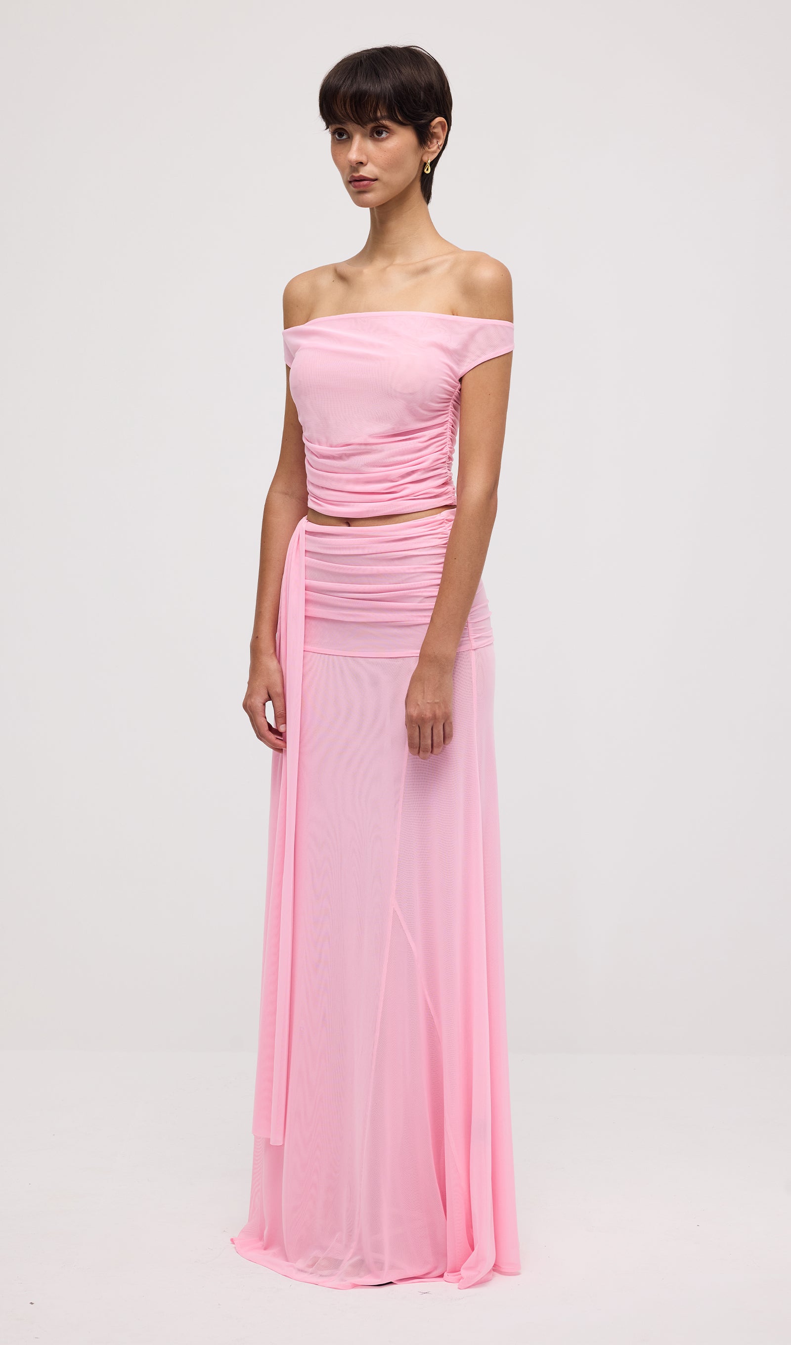 Mesh Top & Maxi Skirt In Pink