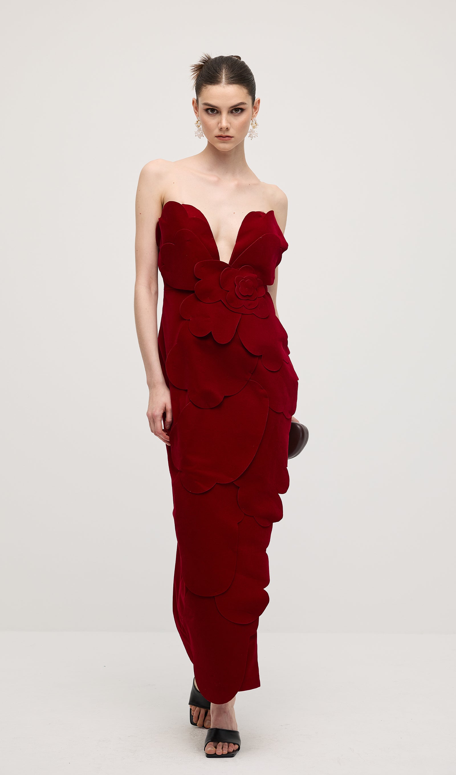 Petal Strapless Velvet Maxi Dress In Red