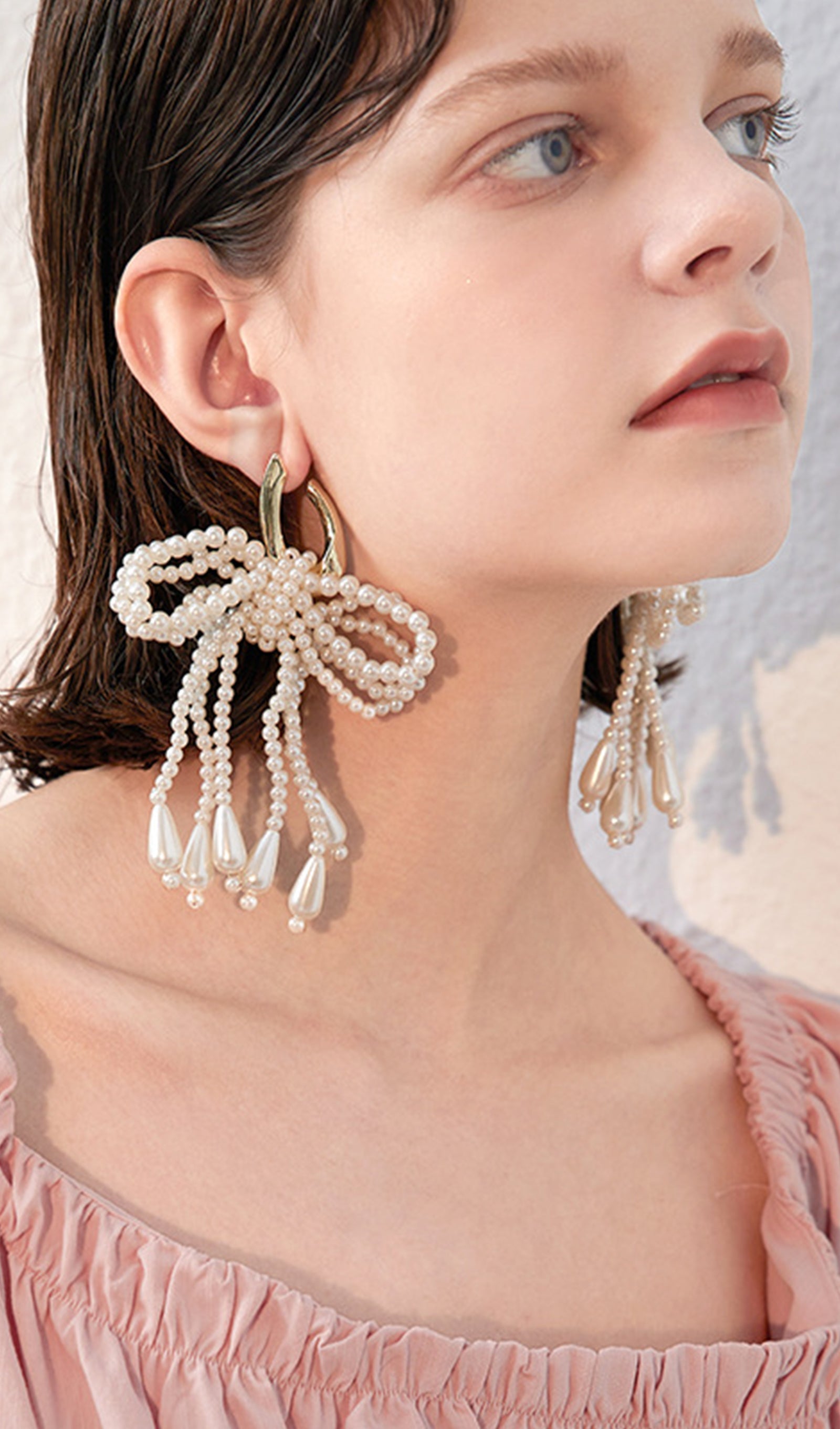 Pearl Bow Dangle Drop Hoop Earrings