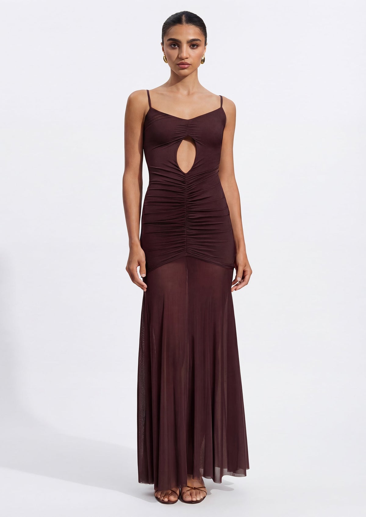 Slinky And Mesh Maxi Dress In Chocolate