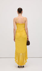Mesh Ruffled Front Gown Maxi Dress Yellow