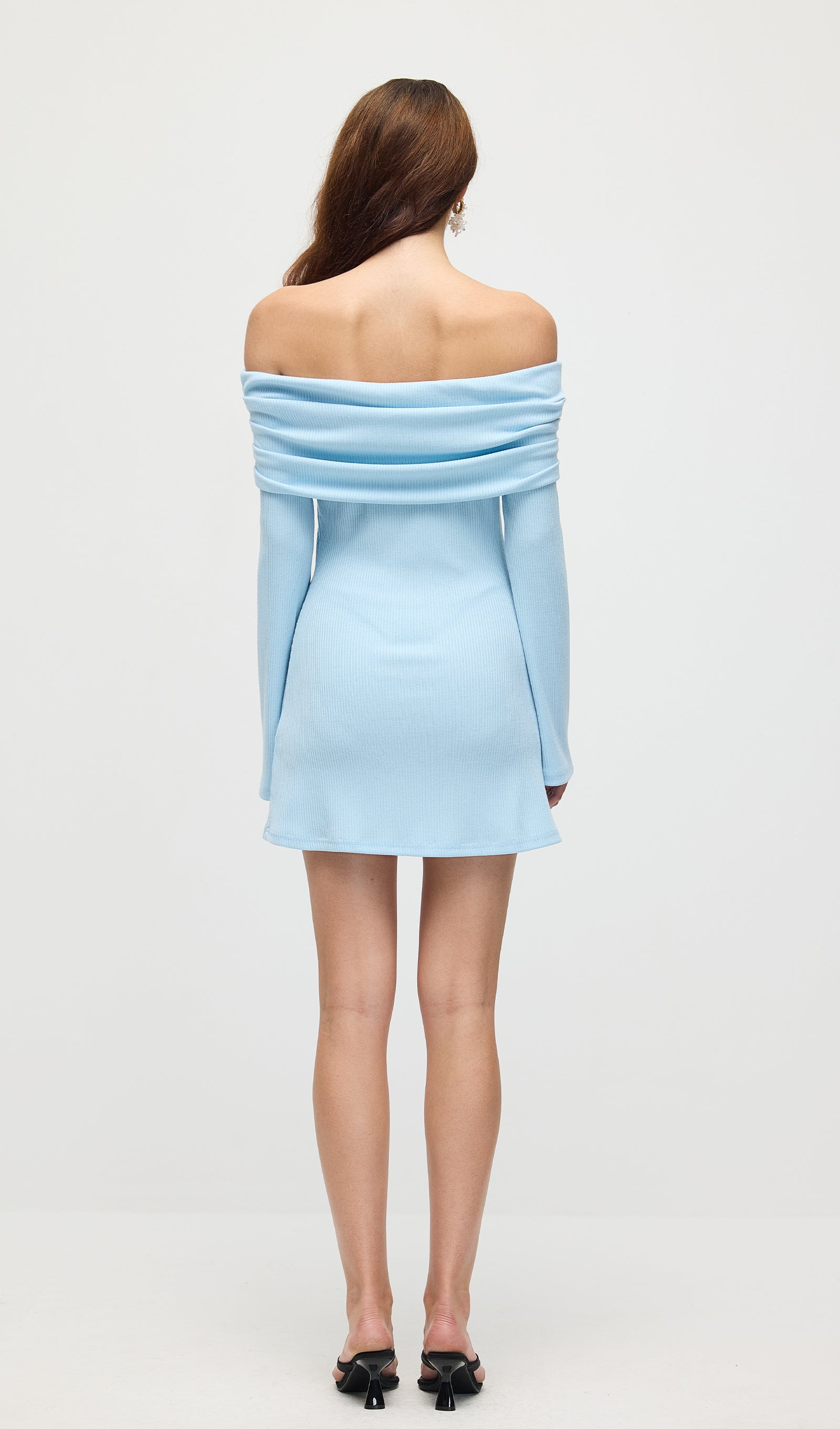 Off Shoulder Rib Knit Mini Dress In Baby Blue