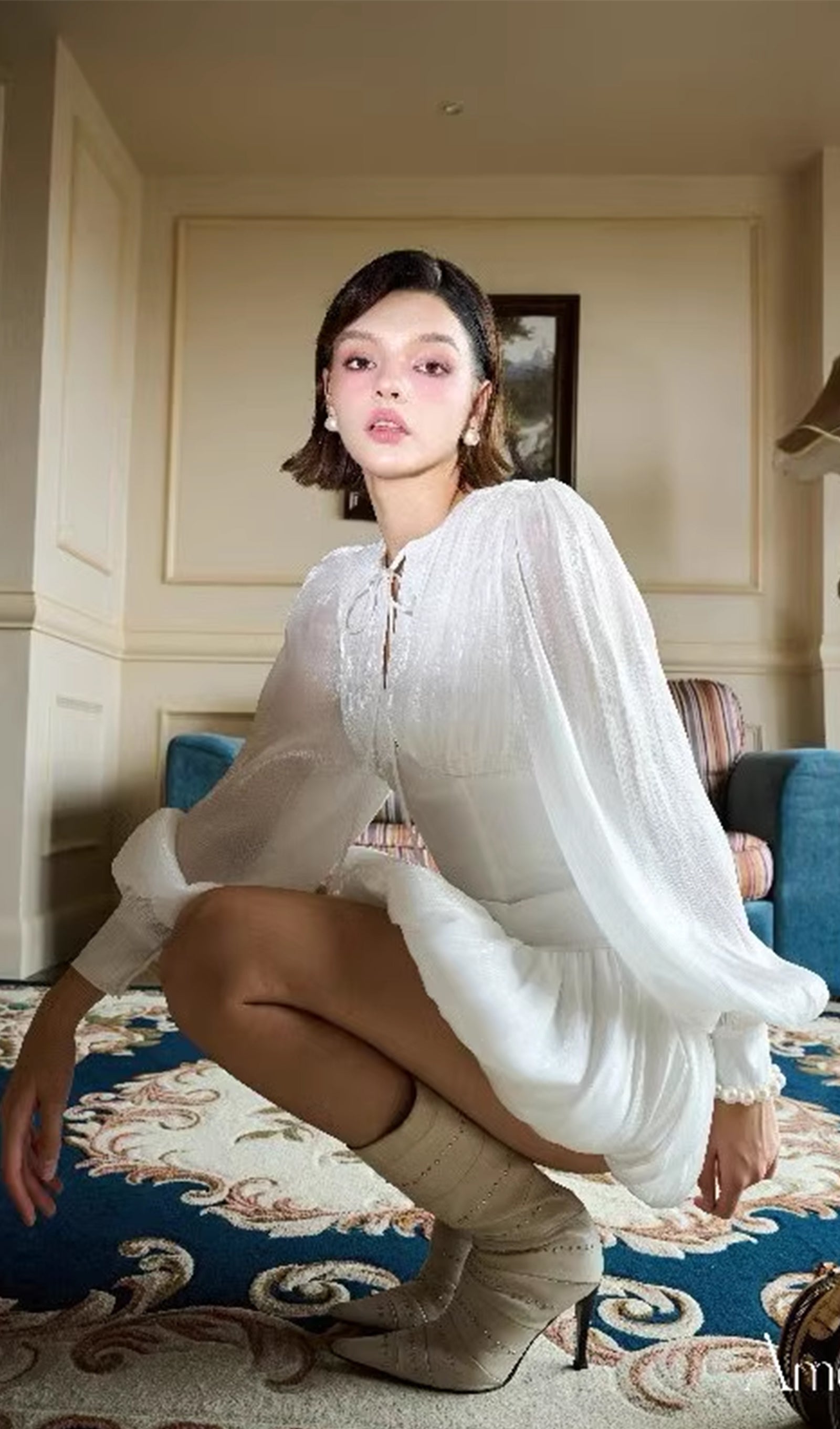 Solid Lantern Sleeve Mini Dress