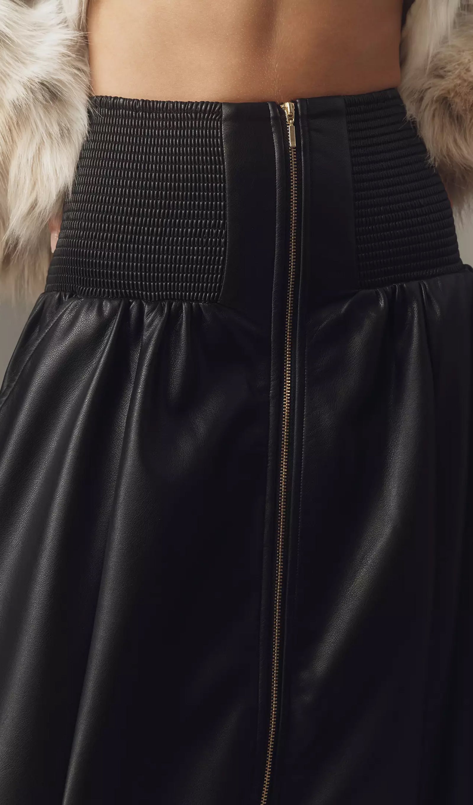 Faux Leather Zip-Front Midi Skirt