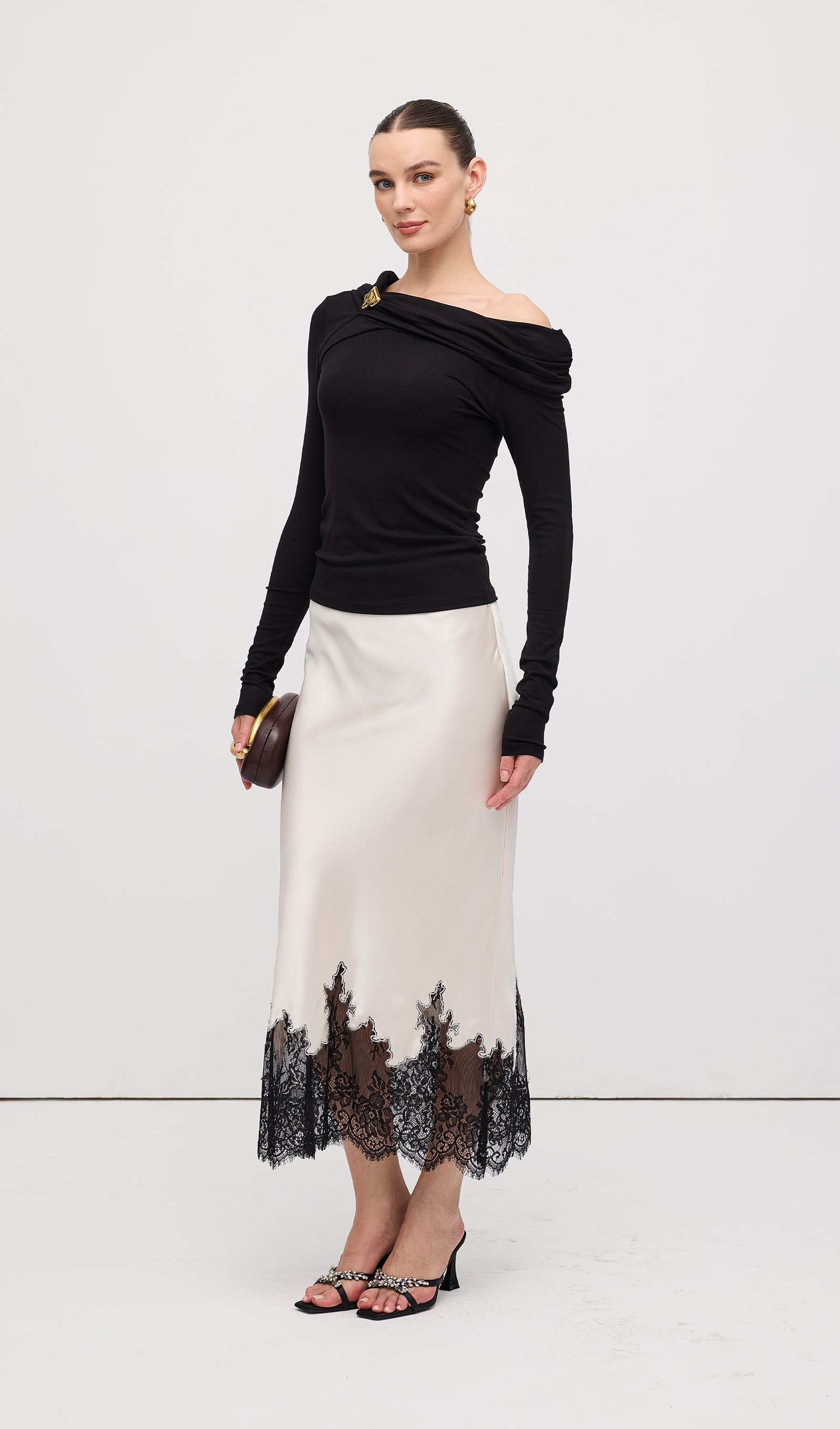 Lace Satin Midi Skirt