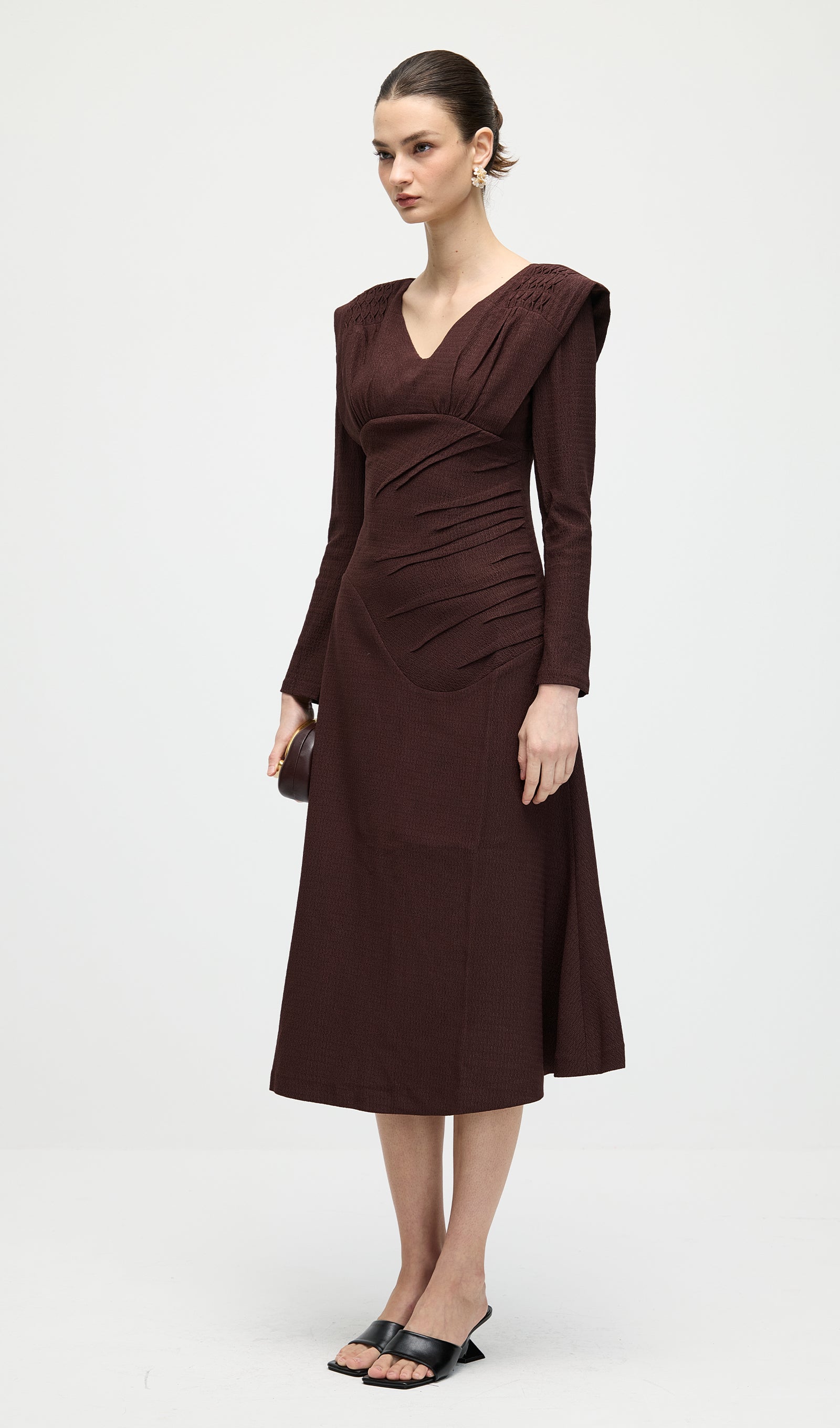 Long Sleeve Smocking Shoulder Midi Dress In Coffee