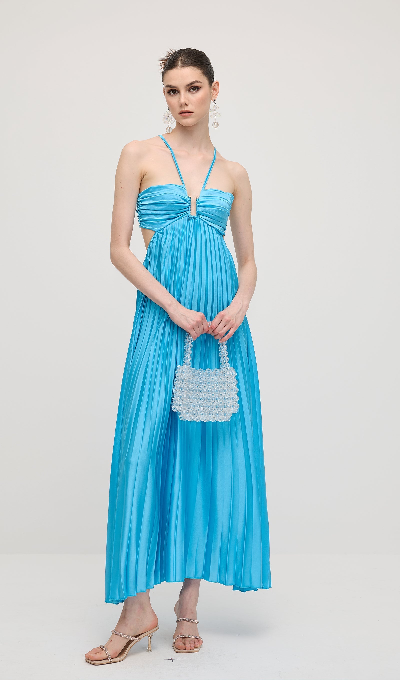Solid Cut Out Tie Back Plisse Maxi Dress In Blue